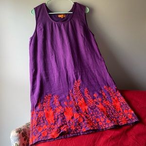 Purple Embroidered Linen Shift Dress